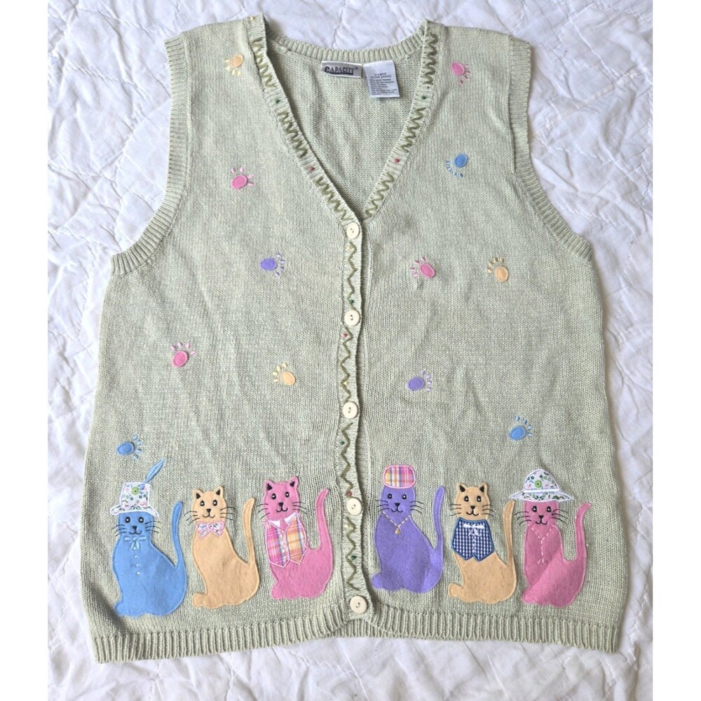 Vintage 90s Cats Sweater Vest Cottagecore Granny Chic Ramie Cotton XL